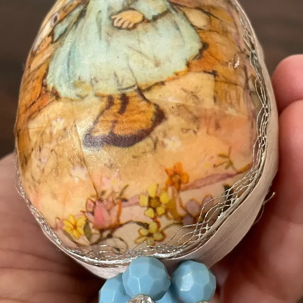 Vintage Decoupage Ornament Holly Hobbie? Handmade 70's Beaded Christmas Holiday